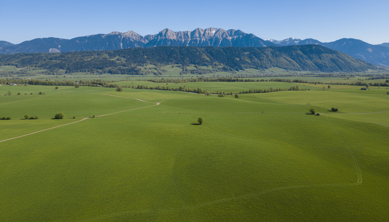 Greenfield site in Neuchâtel with open fields leading to the Jura mountains