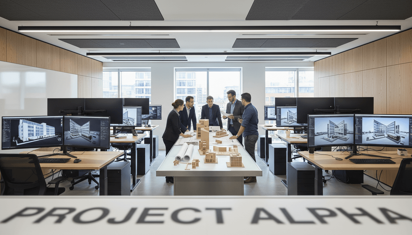 Architects reviewing blueprints at meeting table in modern office