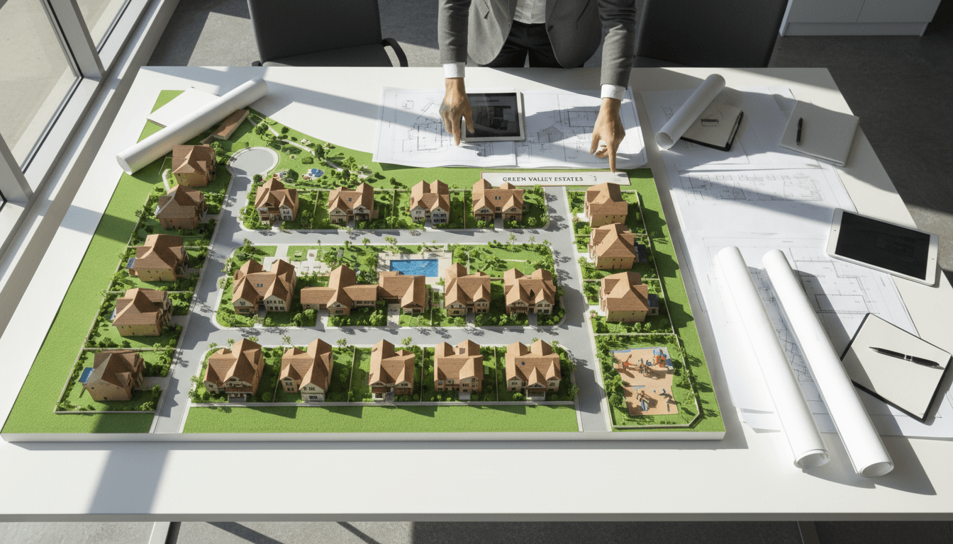 Architectural model of senior housing complex with blueprints