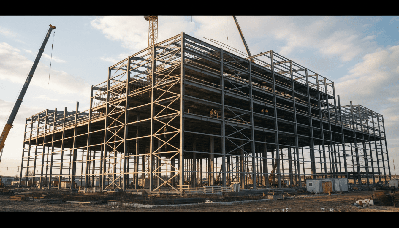 Construction site of medical facility with crane and structural framework
