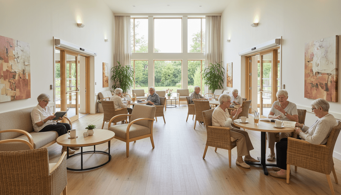 Modern nursing home building exterior with landscaped garden