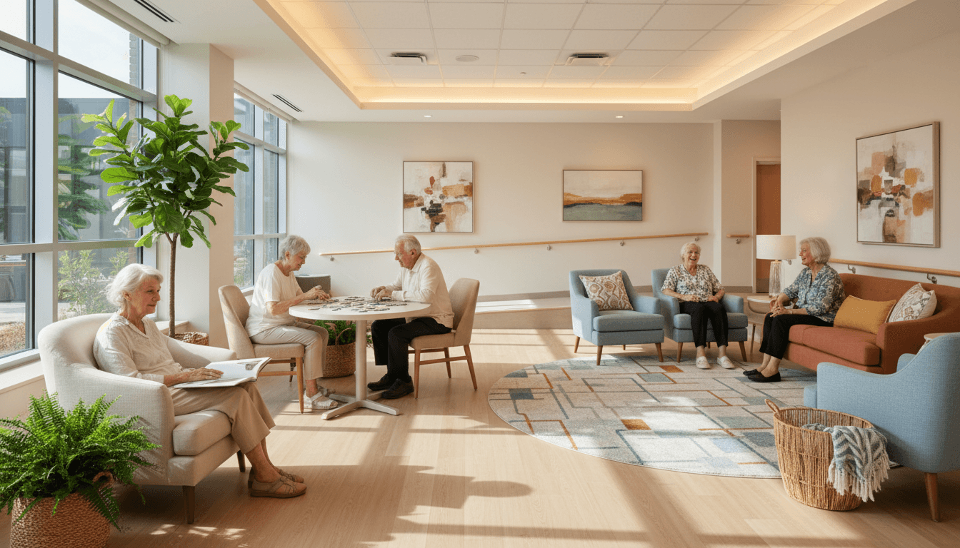 Modern nursing home building with glass facade and landscaped garden