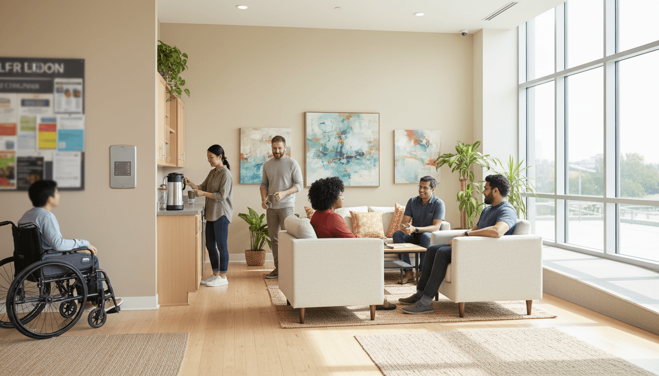 Bright common room in senior residence with large windows and seating