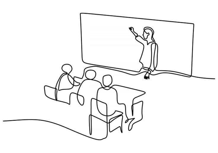 Continuous line drawing of a teacher presenting to three students sitting at their desks.